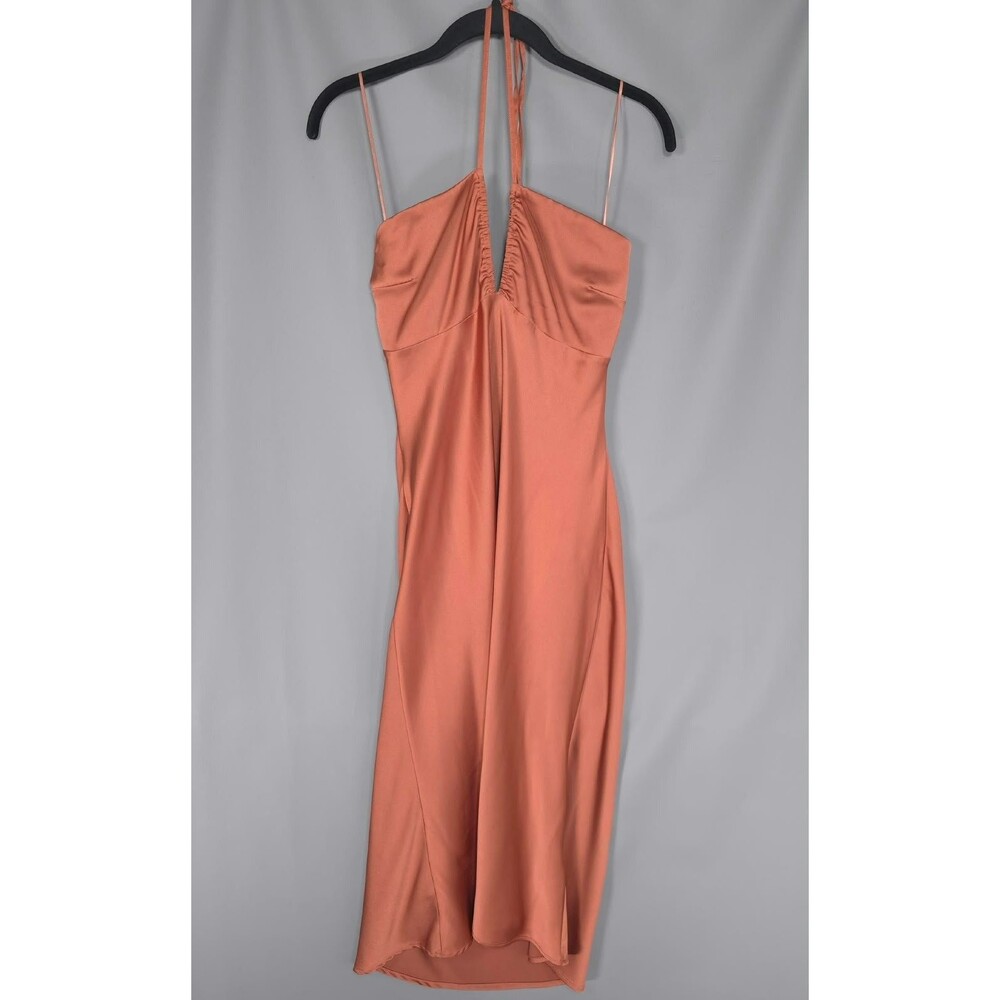 ABERCROMBIE & FITCH Women's SMALL Midi Dress Ruched Keyhole Satin Terracota